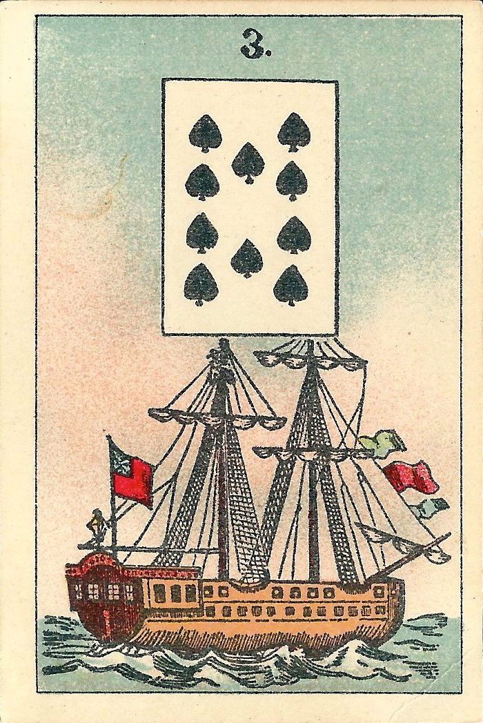 Deutsche Lenormandkarte aus der Zeit um 1890 mit Sinnbild und Spielkarteninsert